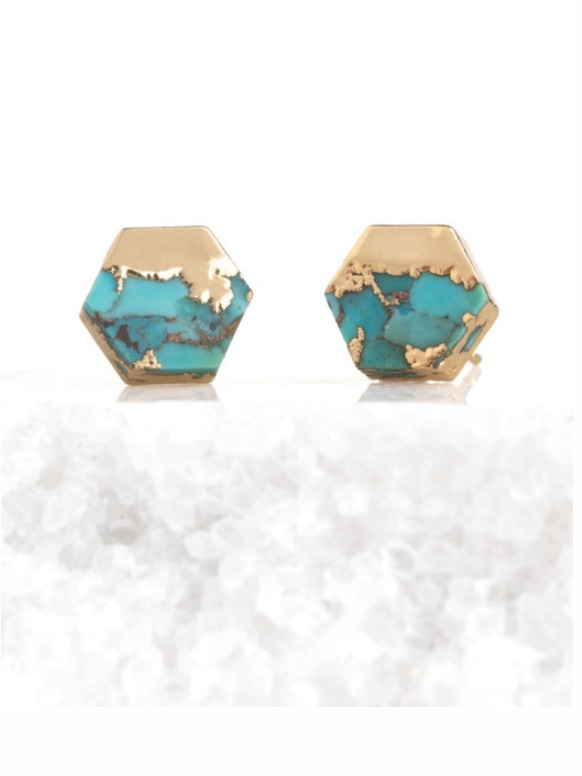14k Gold Plated Teal Hexagon Stud Earrings
